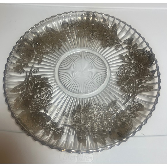 Vintage Silver Overlay Glass Floral Design Decorative Dish 12 Inch #holidays - Picture 4 of 5